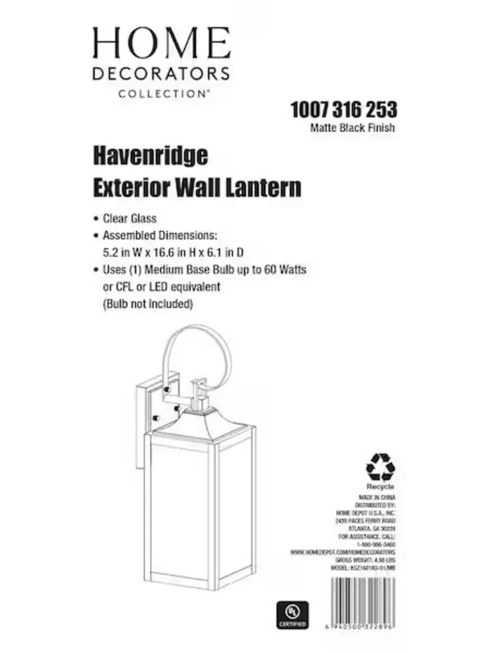 Home Decorators Havenridge Matte Black Outdoor Wall Lantern